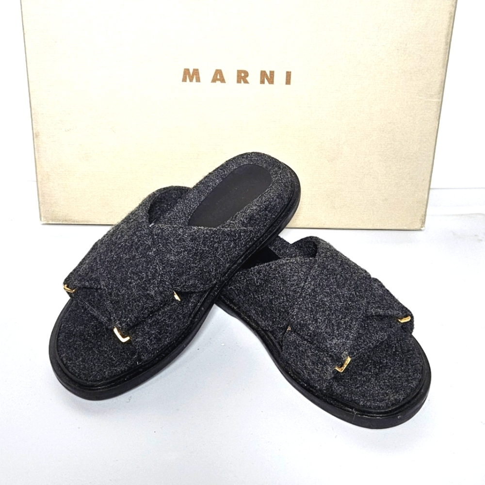 LIKE-NEW MARNI Wool Fussbett Crisscross Slide Sandals in Anthracite Grey Size 6